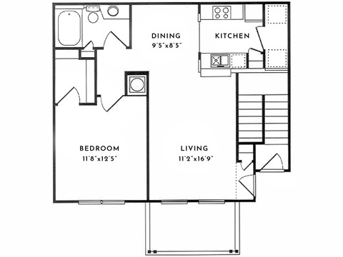 Floor plan for 1 bed, 1 bath, 797 sqft